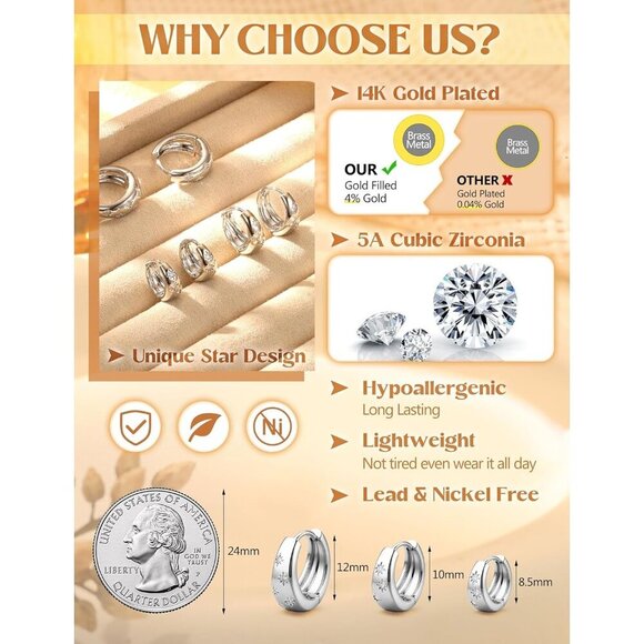 3Pairs Silver Huggie for Multiple Piercing Hypoallergenic Hoop Earrings Set - Picture 3 of 8